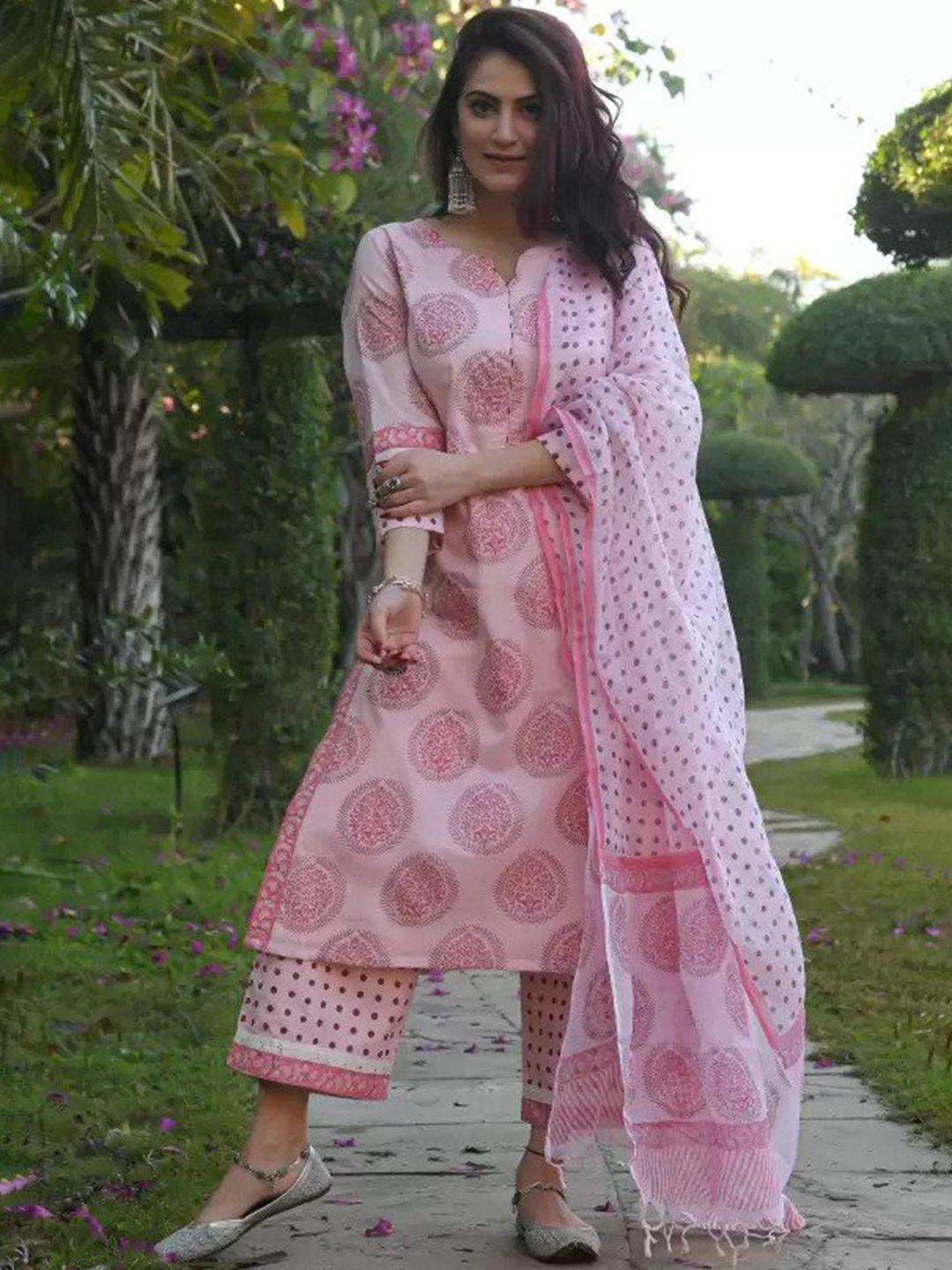kalini ethnic motif printed regular pure cotton straight kurta & patiala with dupatta
