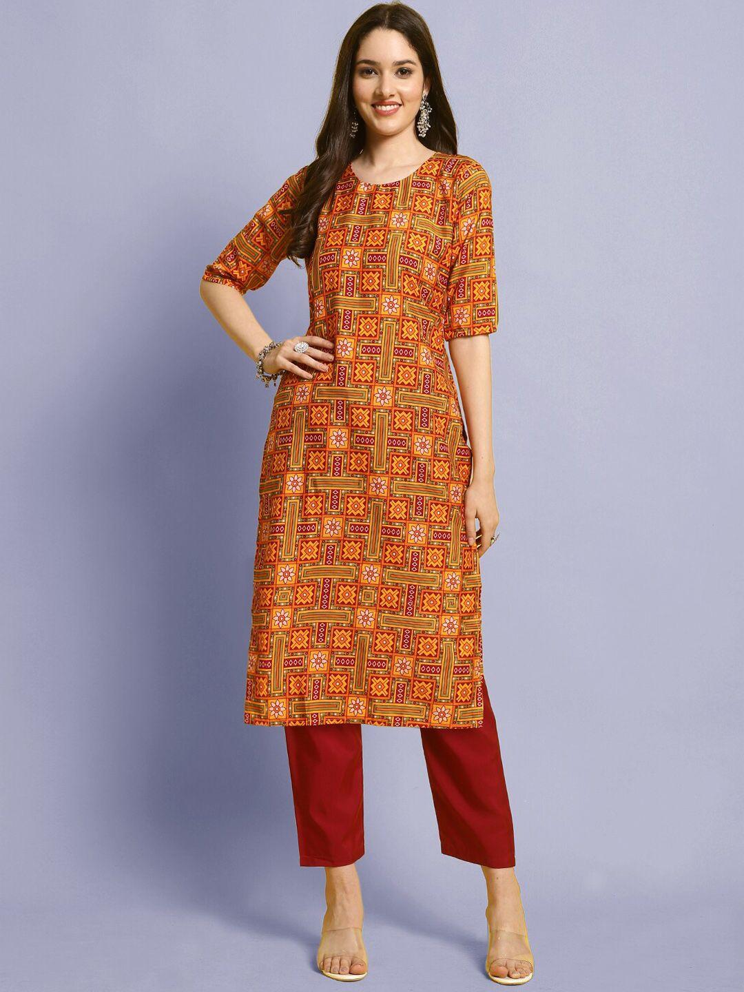 kalini ethnic motif printed round neck straight kurta with trousers