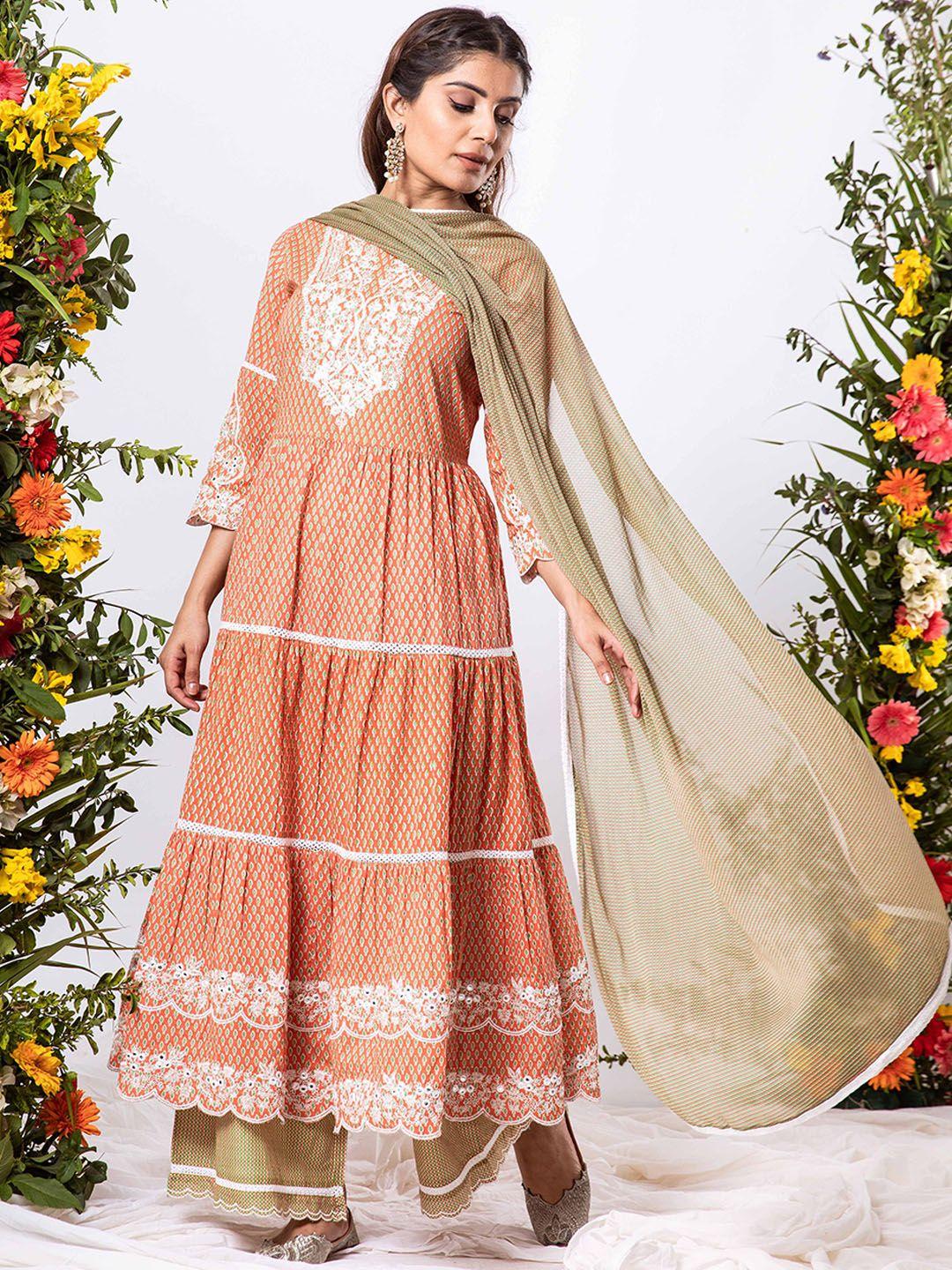 kalini ethnic motif printed tiered elasticated pure cotton kurta with palazzos & dupatta