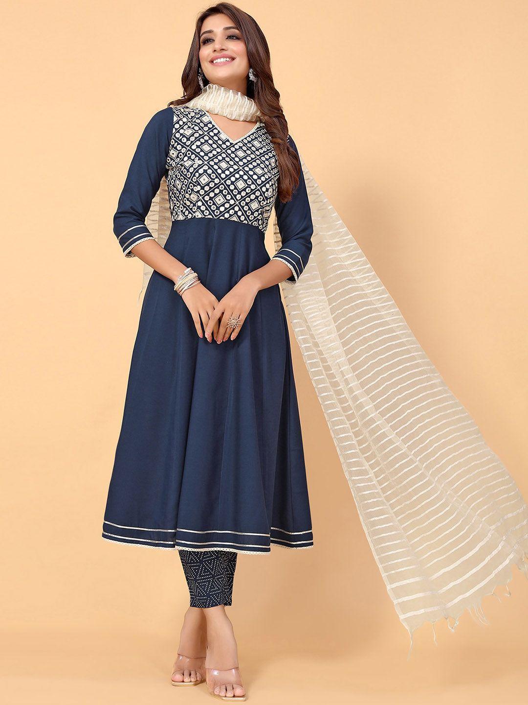 kalini ethnic motifs embroidered a-line kurta with trousers & dupatta