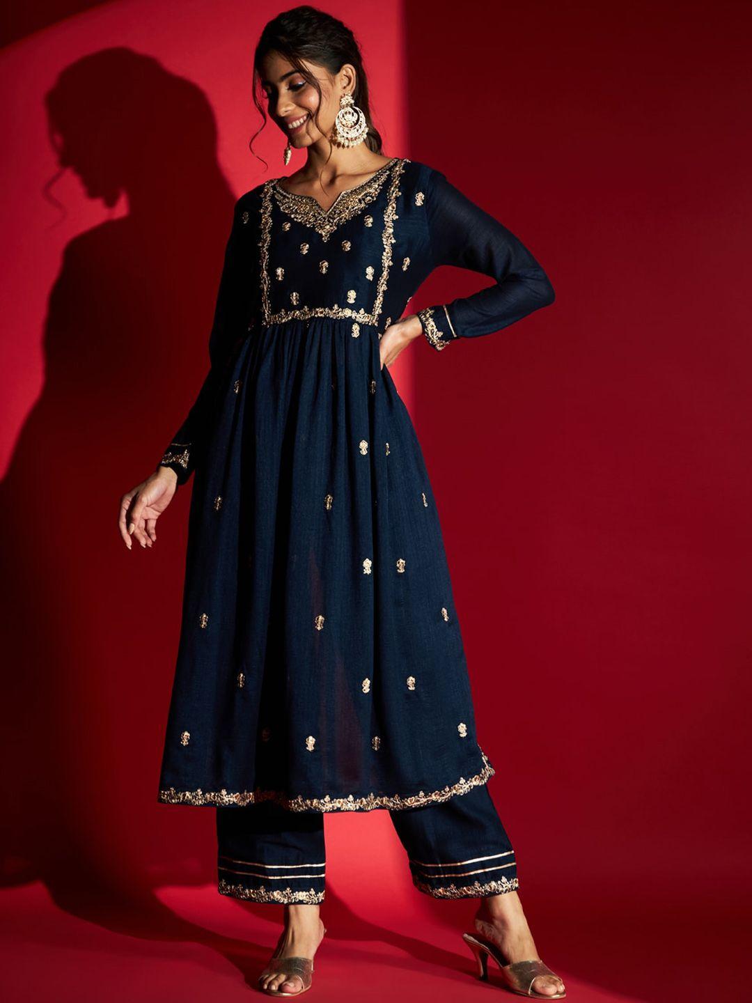 kalini ethnic motifs embroidered a-line kurta with trousers