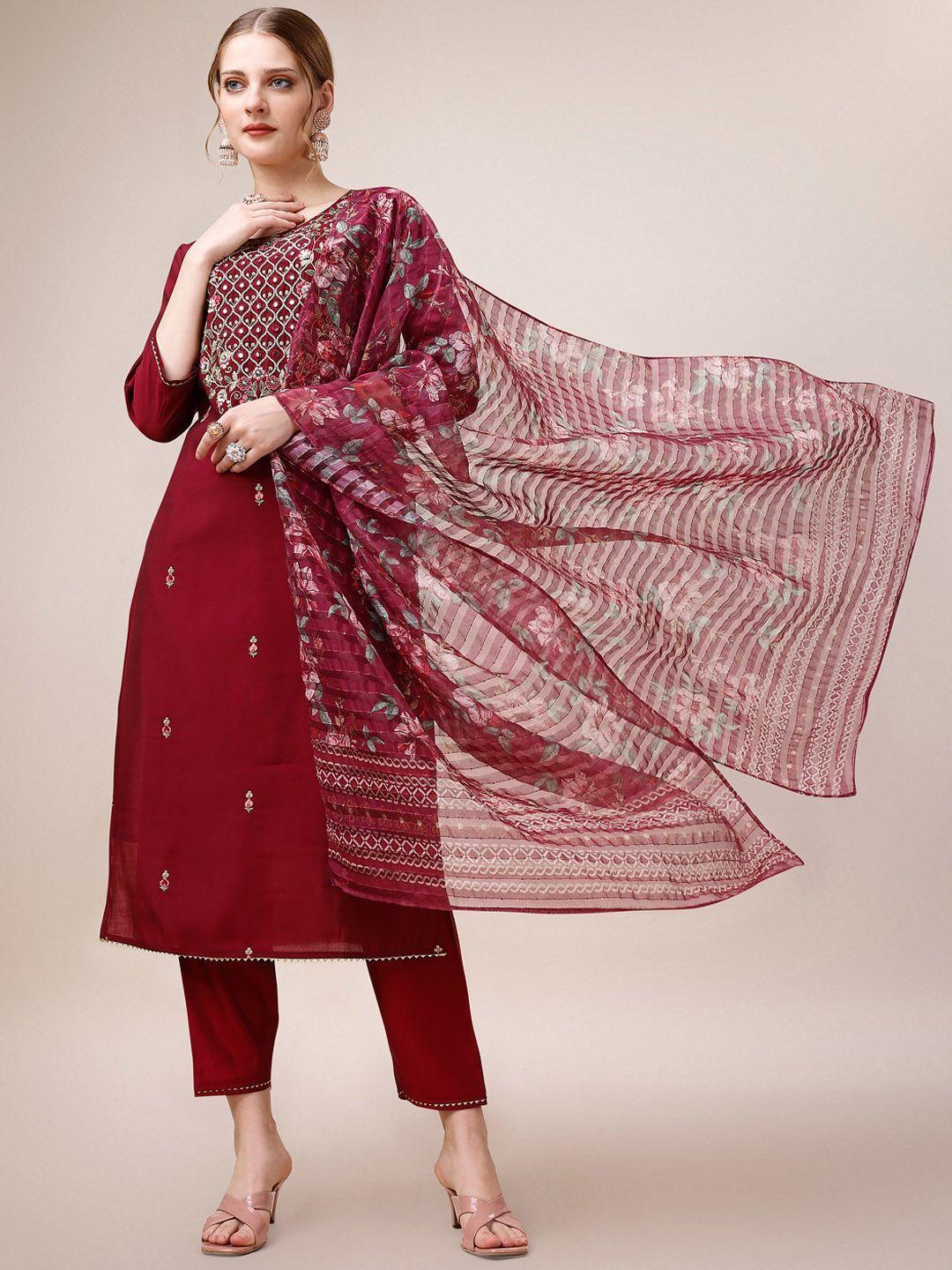 kalini ethnic motifs embroidered chanderi cotton kurta & trousers with dupatta