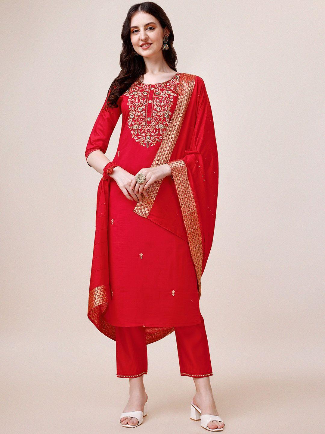 kalini ethnic motifs embroidered chanderi cotton kurta with trousers & dupatta