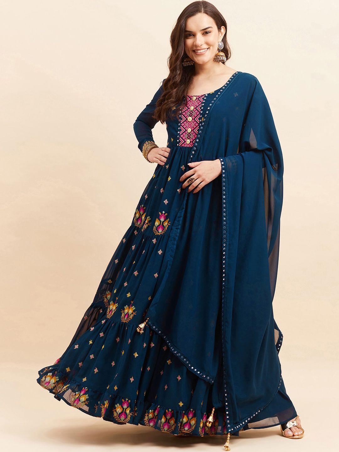 kalini ethnic motifs embroidered georgette fit and flare maxi ethnic dresses with dupatta