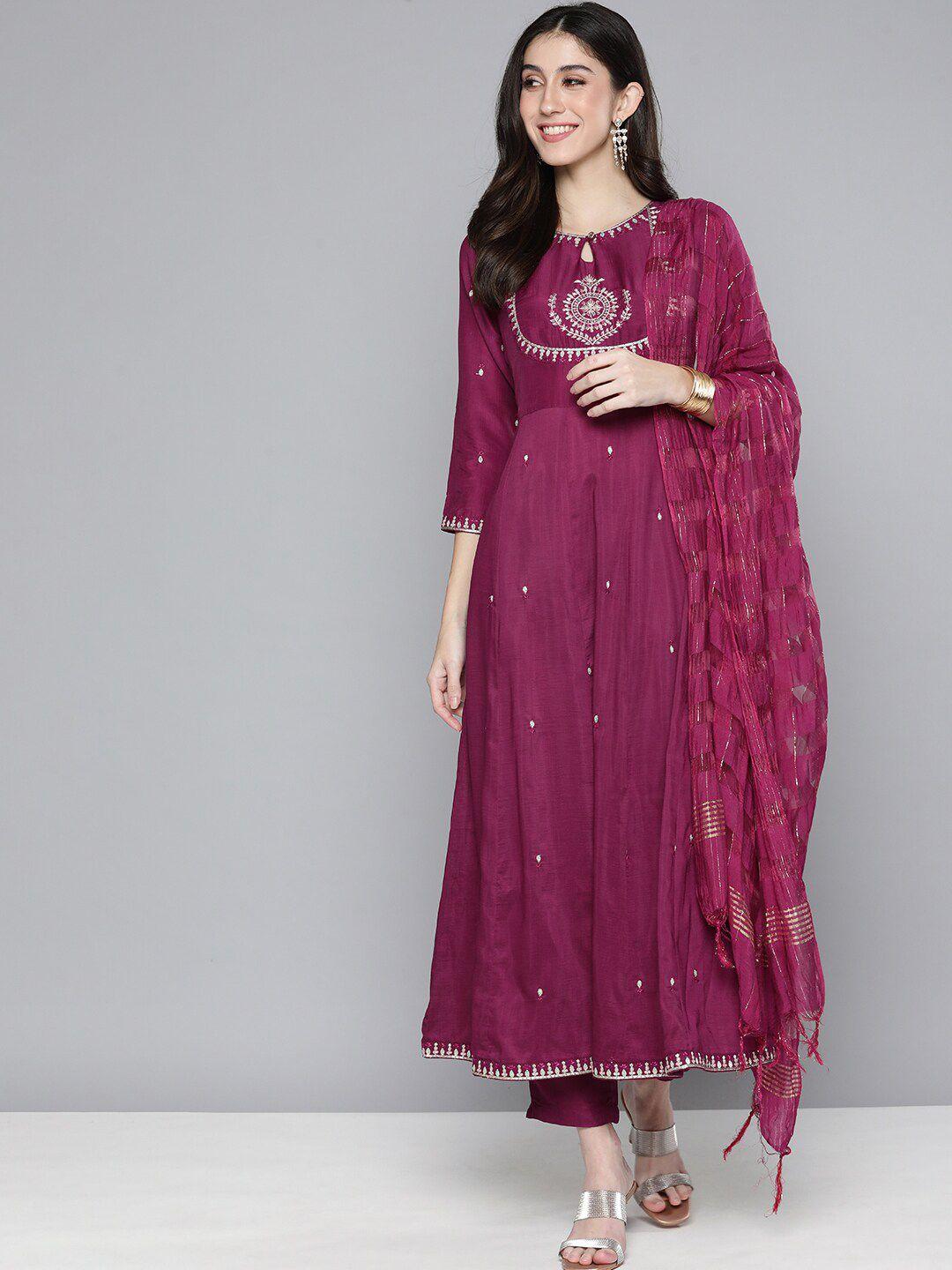 kalini ethnic motifs embroidered keyhole neck empire kurta with trousers & dupatta