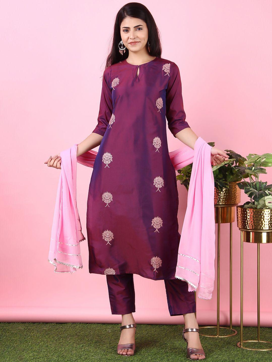 kalini ethnic motifs embroidered keyhole neck regular kurta with trousers & dupatta