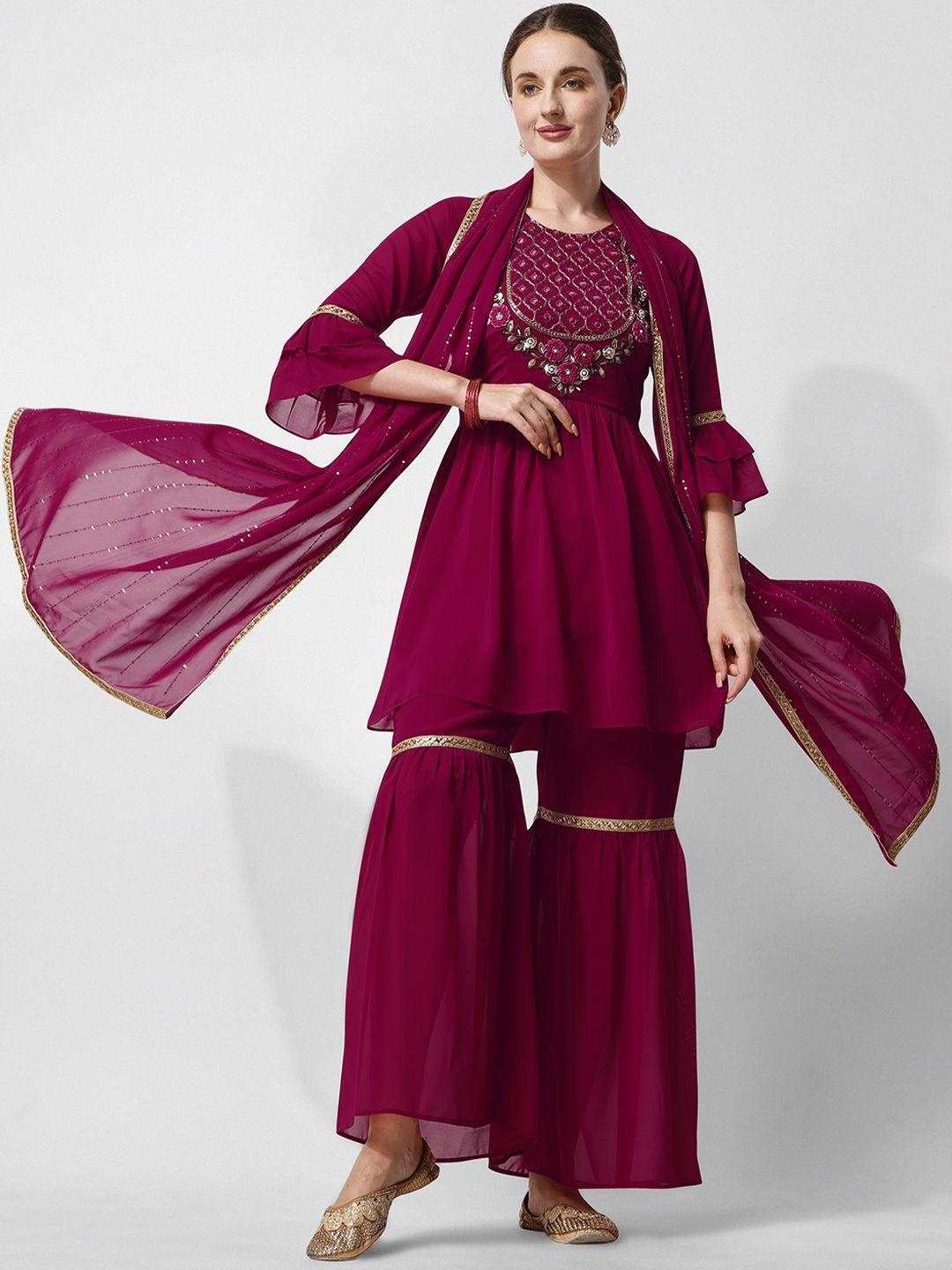 kalini ethnic motifs embroidered pleated beads and stones kurta & sharara with dupatta