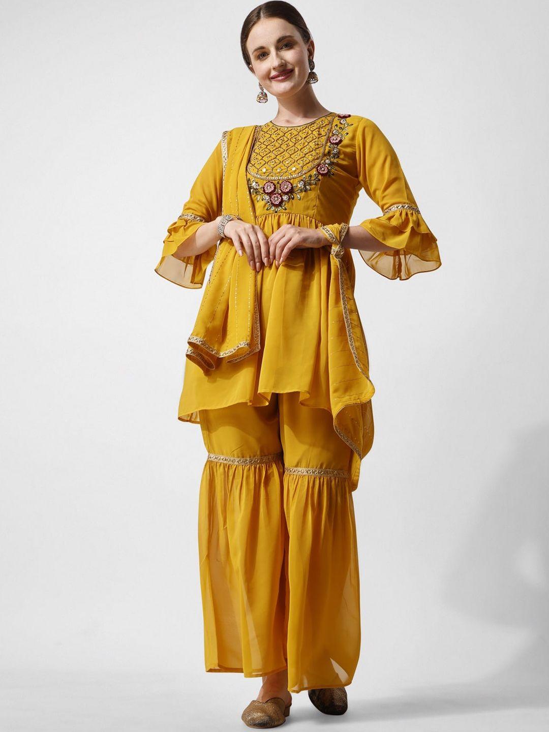 kalini ethnic motifs embroidered pleated beads and stones kurta & sharara with dupatta