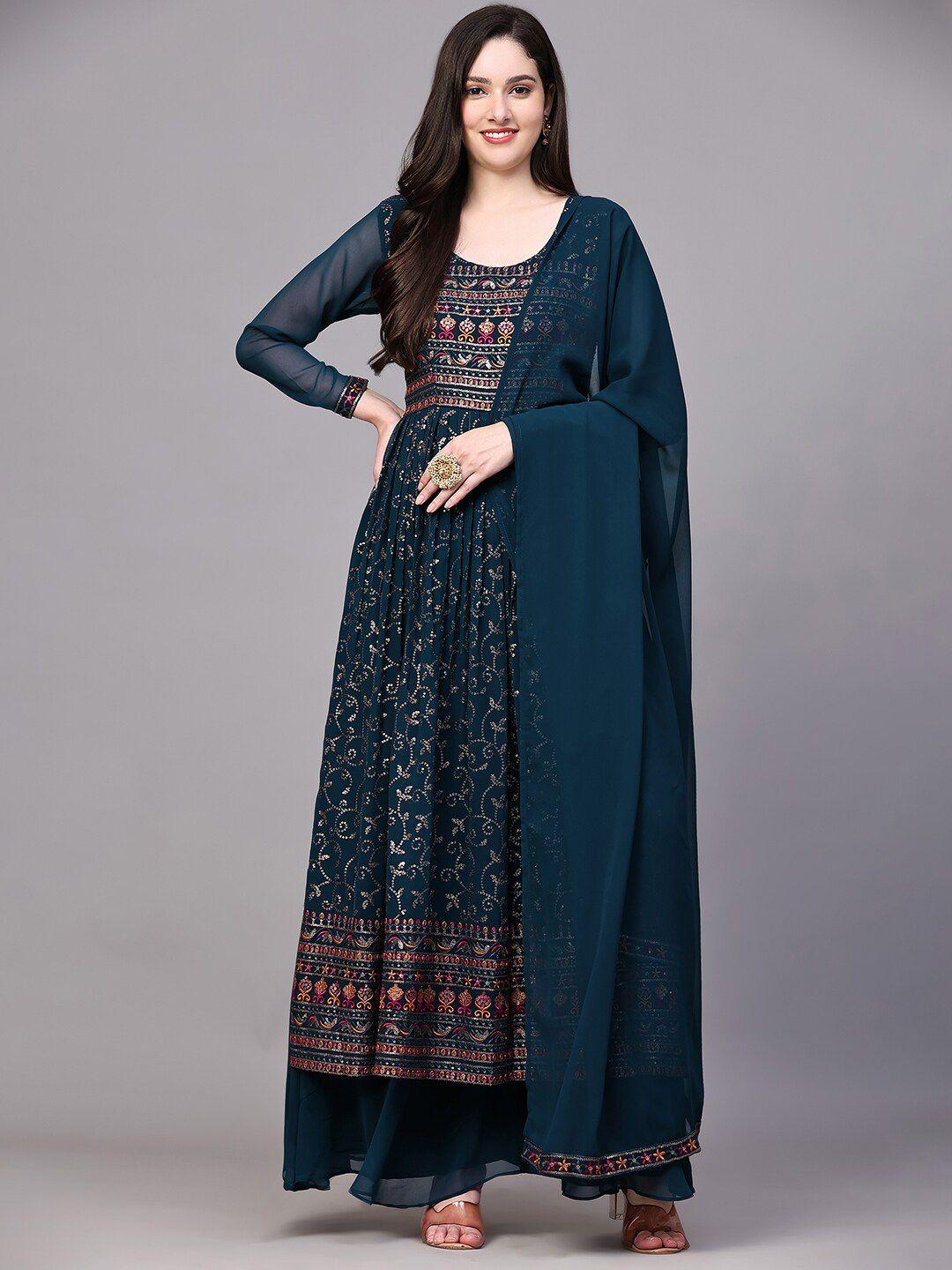 kalini ethnic motifs embroidered pleated sequinned a-line kurta with palazzos & dupatta