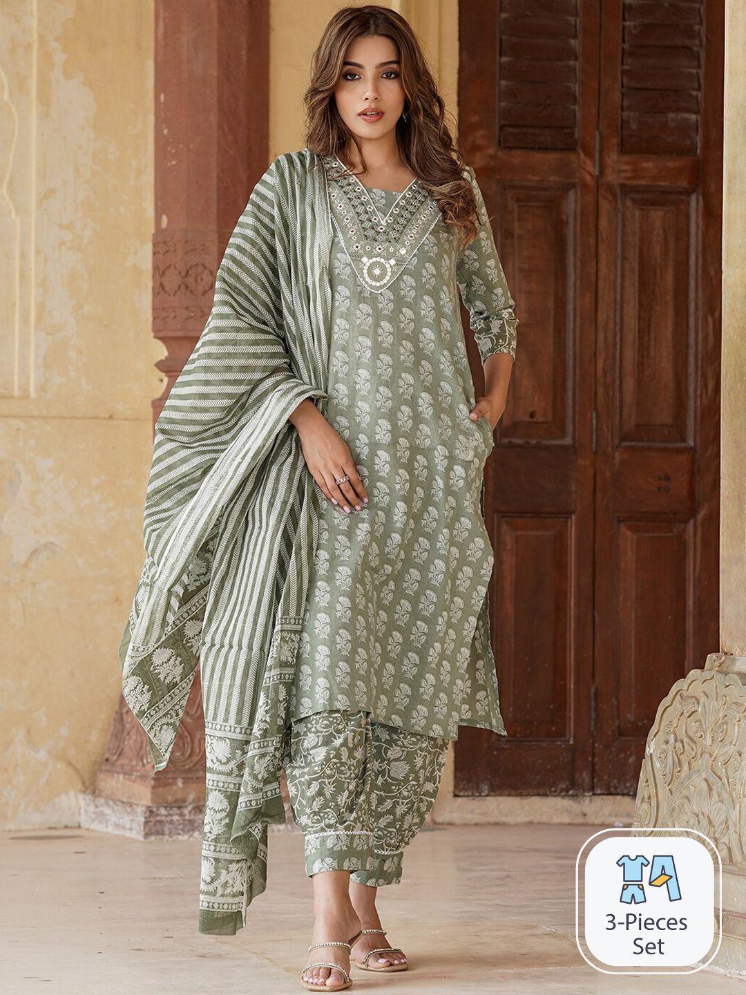 kalini ethnic motifs embroidered pure cotton straight kurta with trousers & dupatta