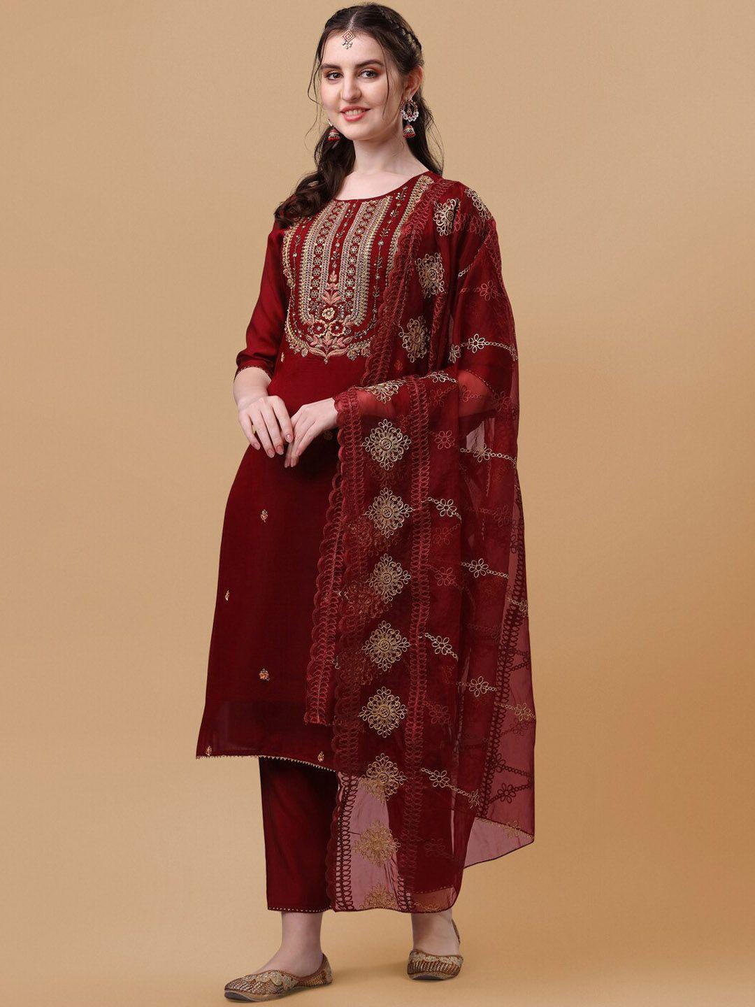 kalini ethnic motifs embroidered regular chanderi cotton kurta with trousers & dupatta