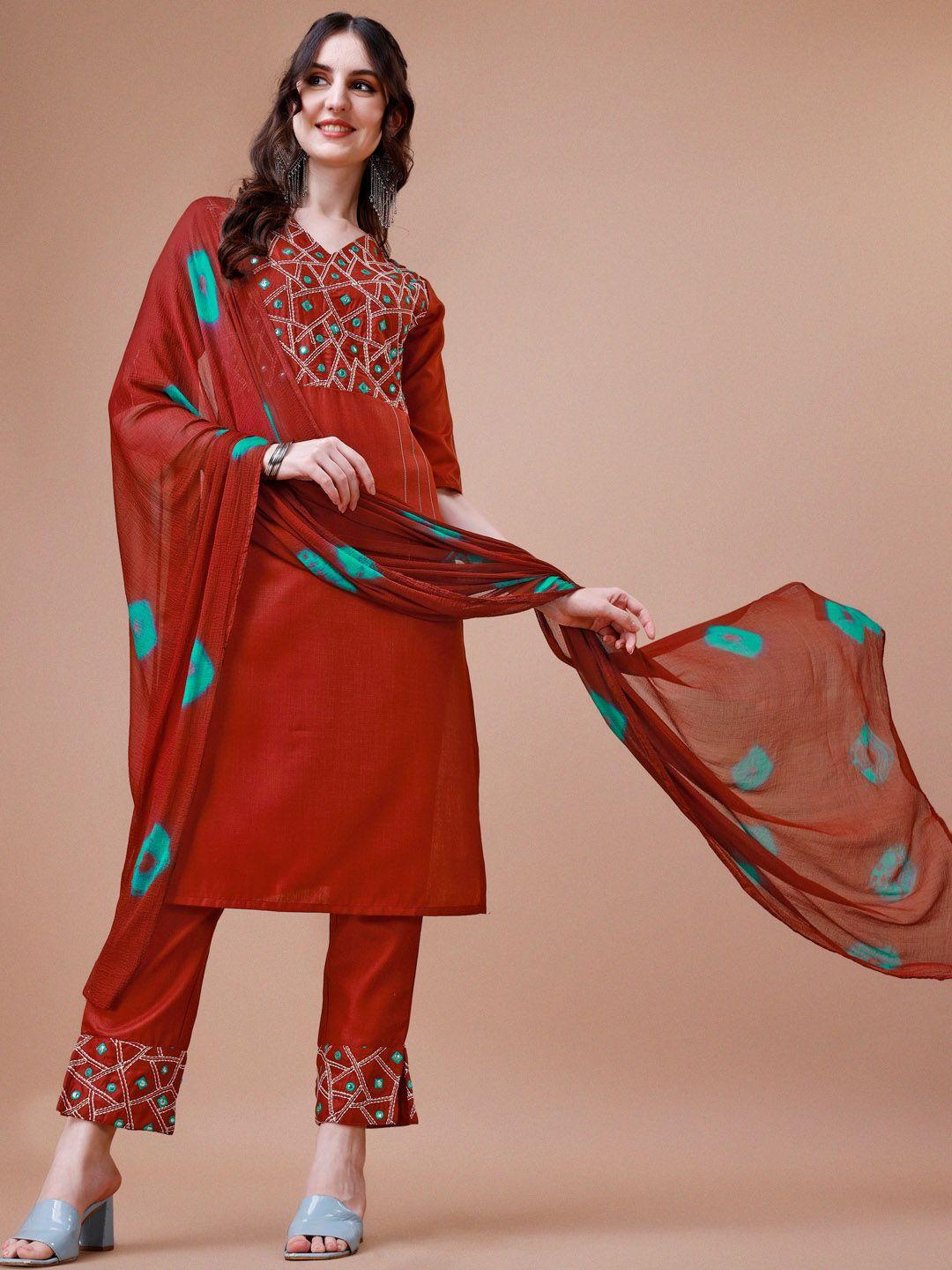 kalini ethnic motifs embroidered regular kurta with trousers & with dupatta