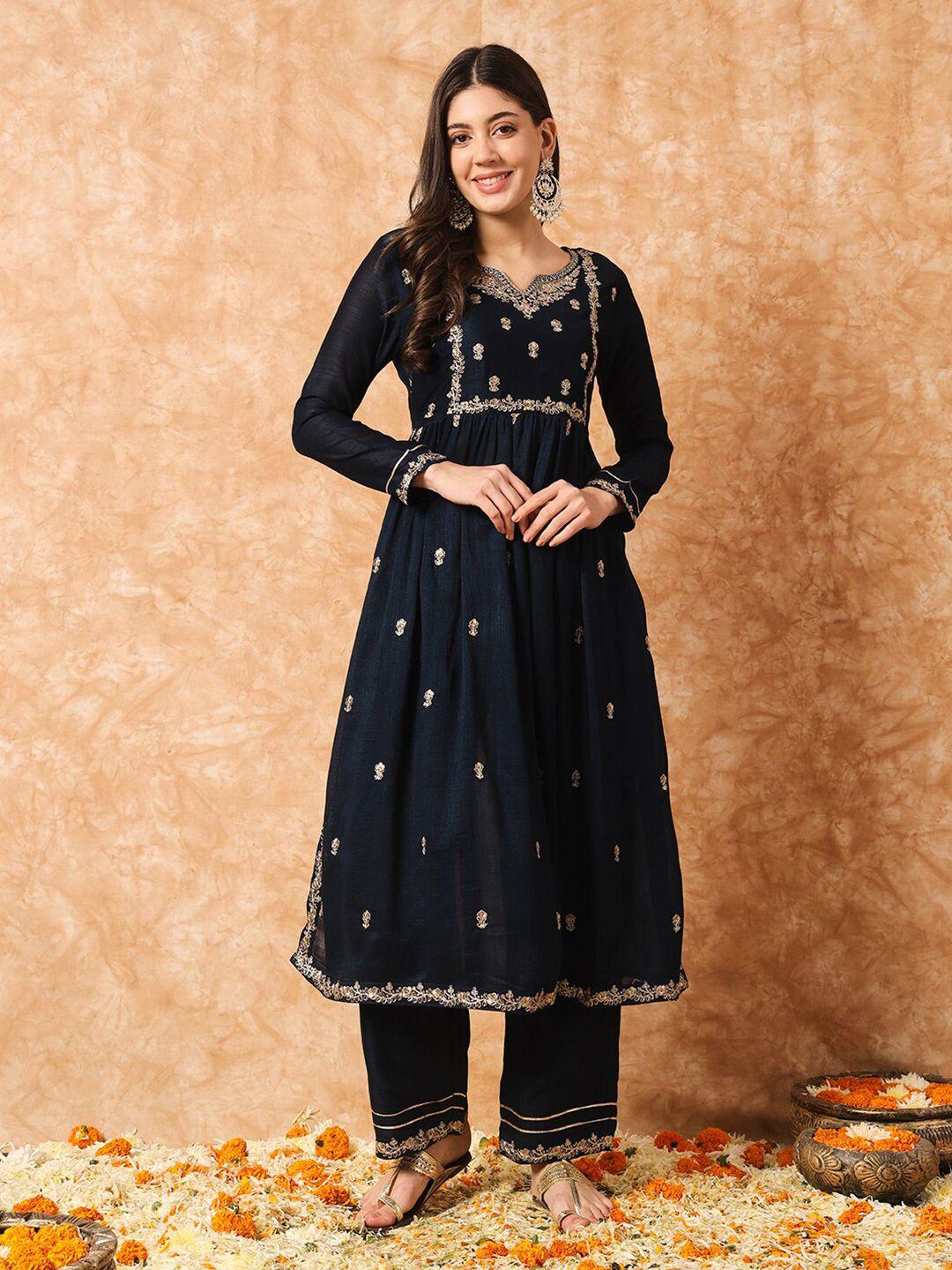 kalini ethnic motifs embroidered regular thread work anarkali kurta with trousers