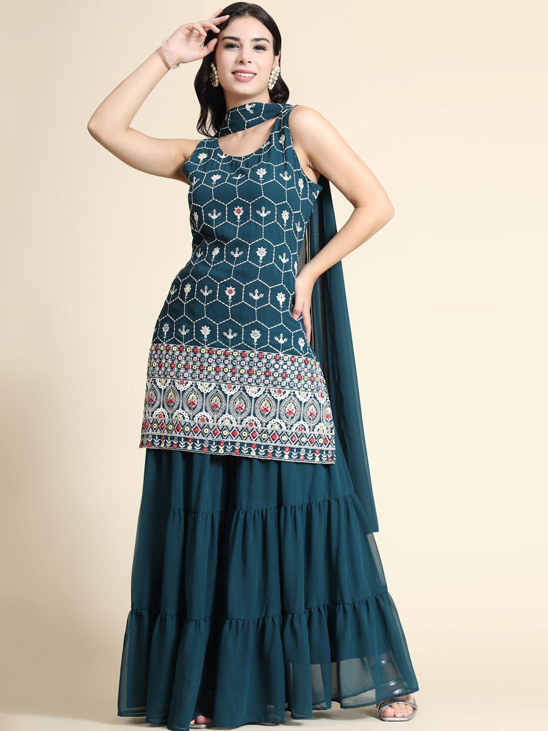 kalini ethnic motifs embroidered regular thread work kurta with sharara & dupatta