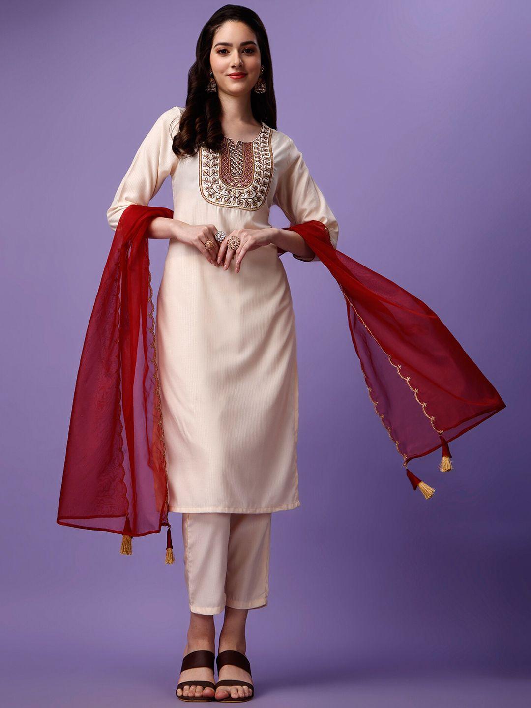 kalini ethnic motifs embroidered round neck kurta with pant & dupatta