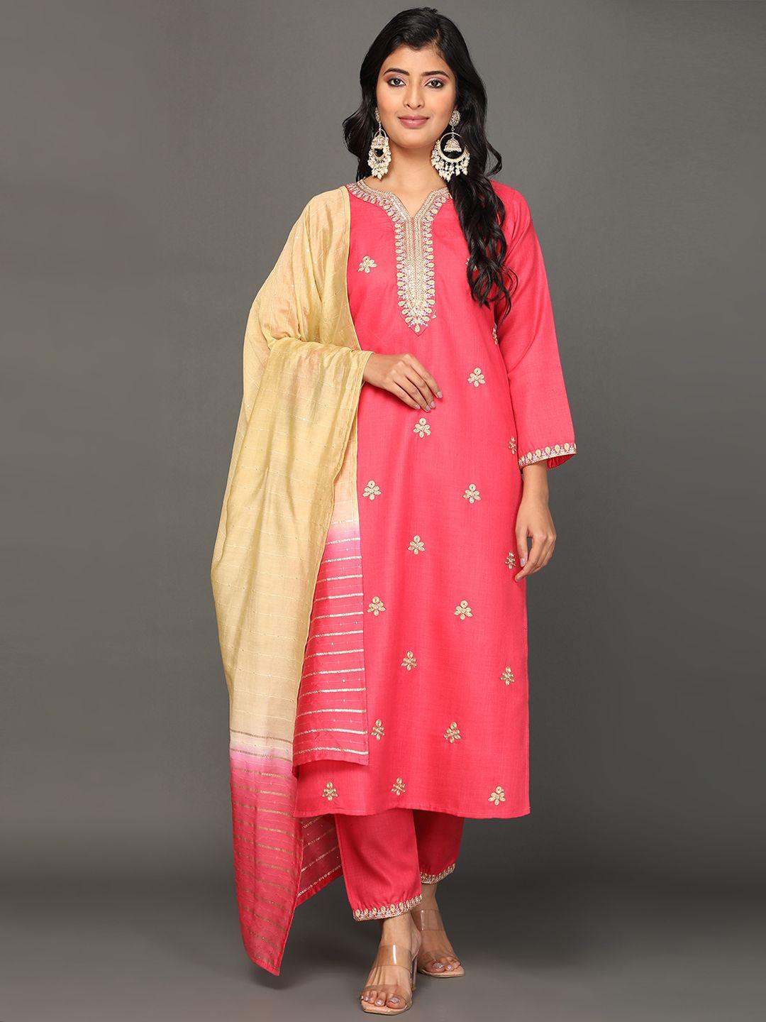 kalini ethnic motifs embroidered round neck thread work kurta with trousers & dupatta