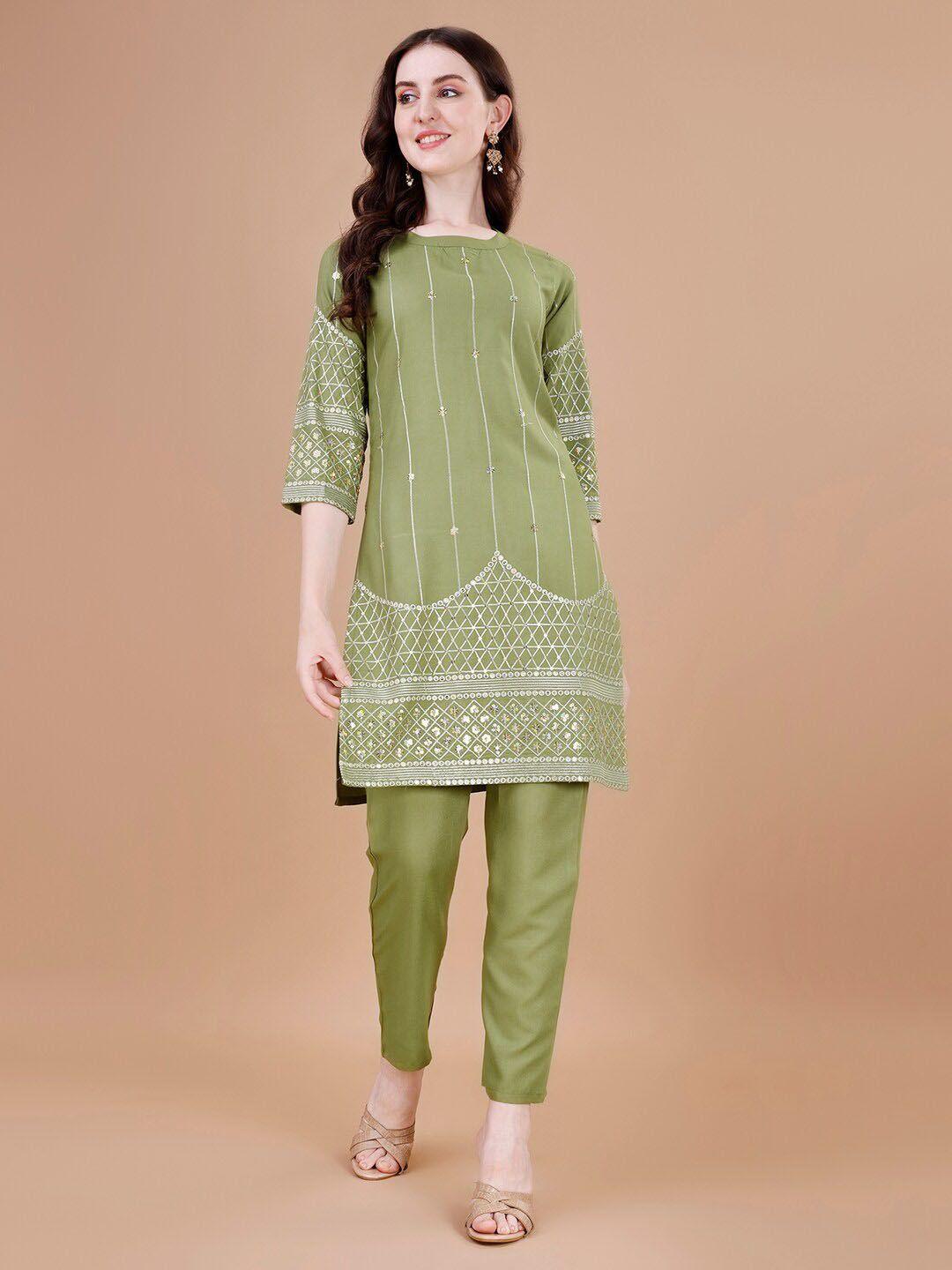 kalini ethnic motifs embroidered sequinned detailed straight kurta with trouser