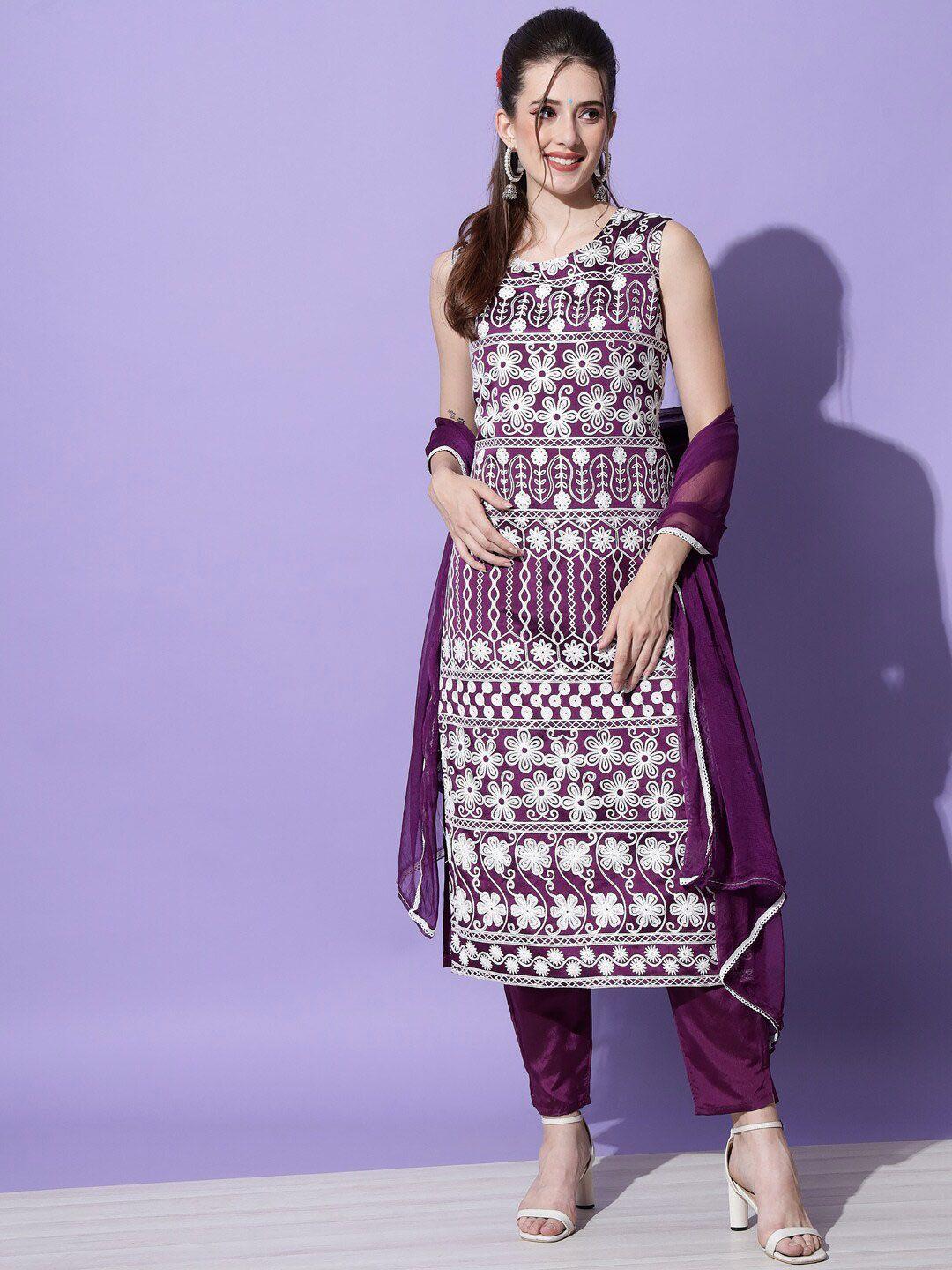 kalini ethnic motifs embroidered straight kurta with trousers & dupatta