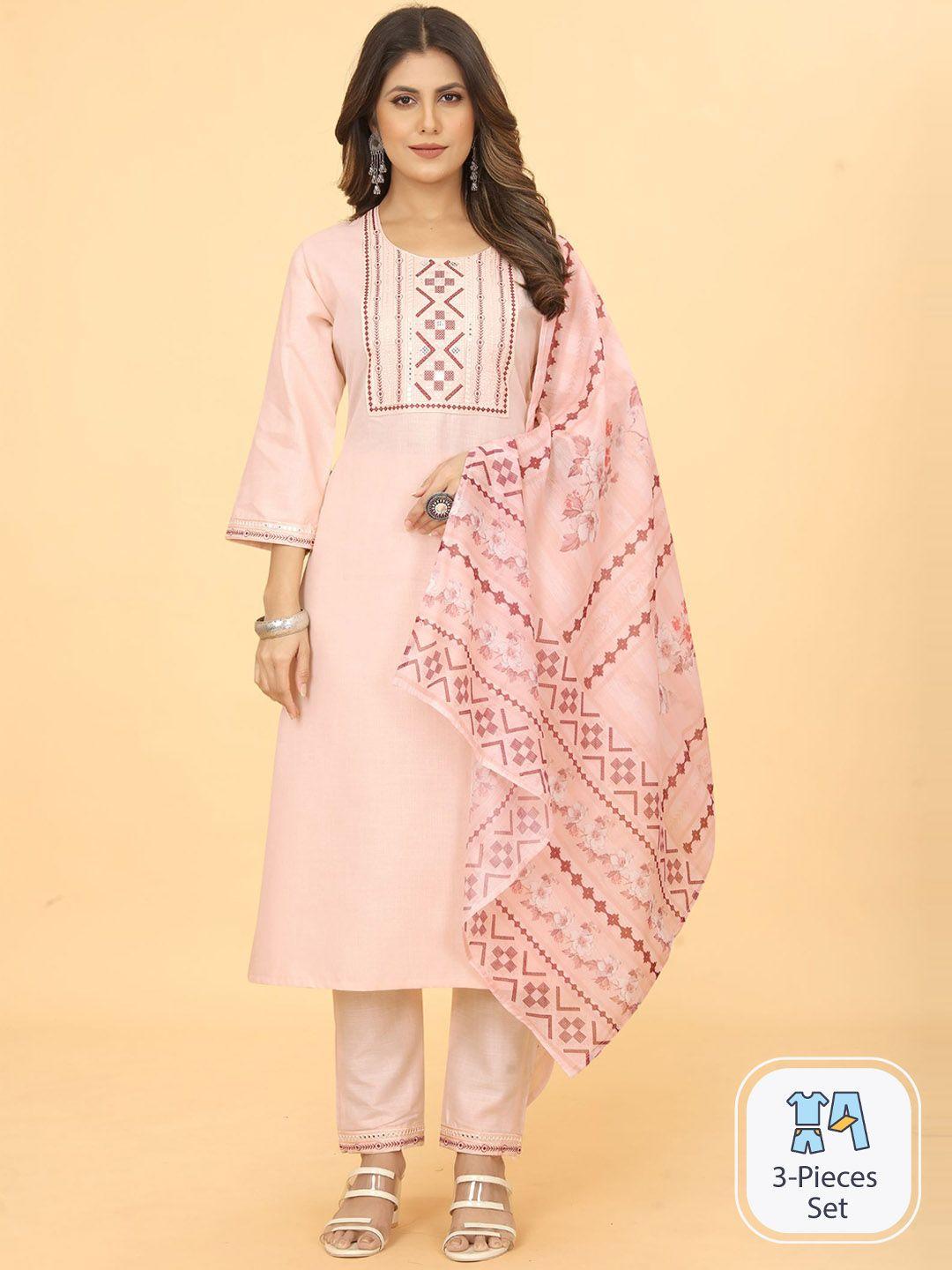 kalini ethnic motifs embroidered straight kurta with trousers & dupatta