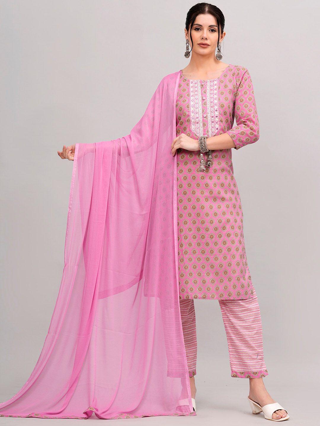kalini ethnic motifs embroidered straight pure cotton kurta with trousers & dupatta