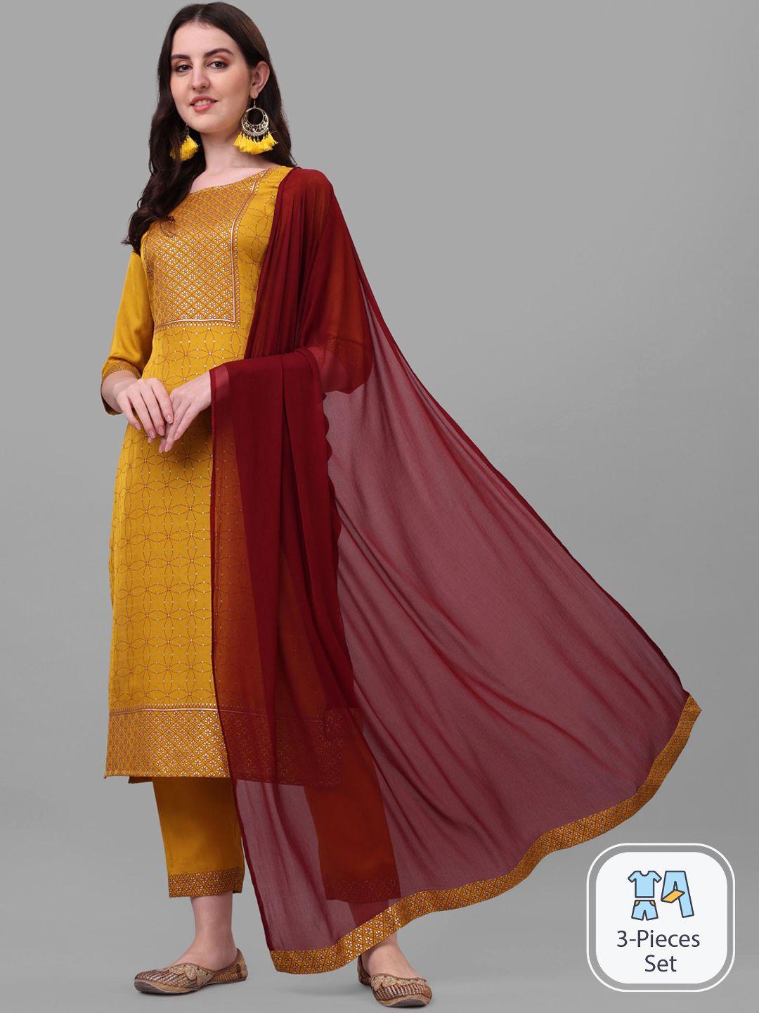 kalini ethnic motifs embroidered thread work pure silk kurta with trousers & dupatta