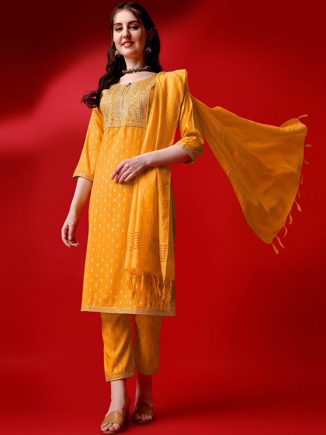 kalini ethnic motifs embroidered thread work straight kurta with trousers & dupatta