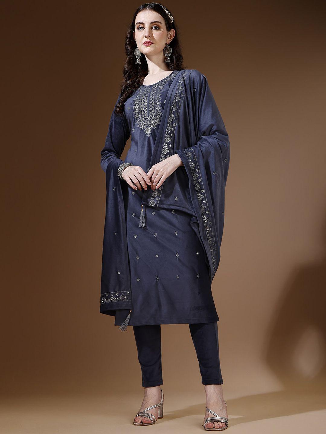 kalini ethnic motifs embroidered thread work velvet kurta & trousers with dupatta