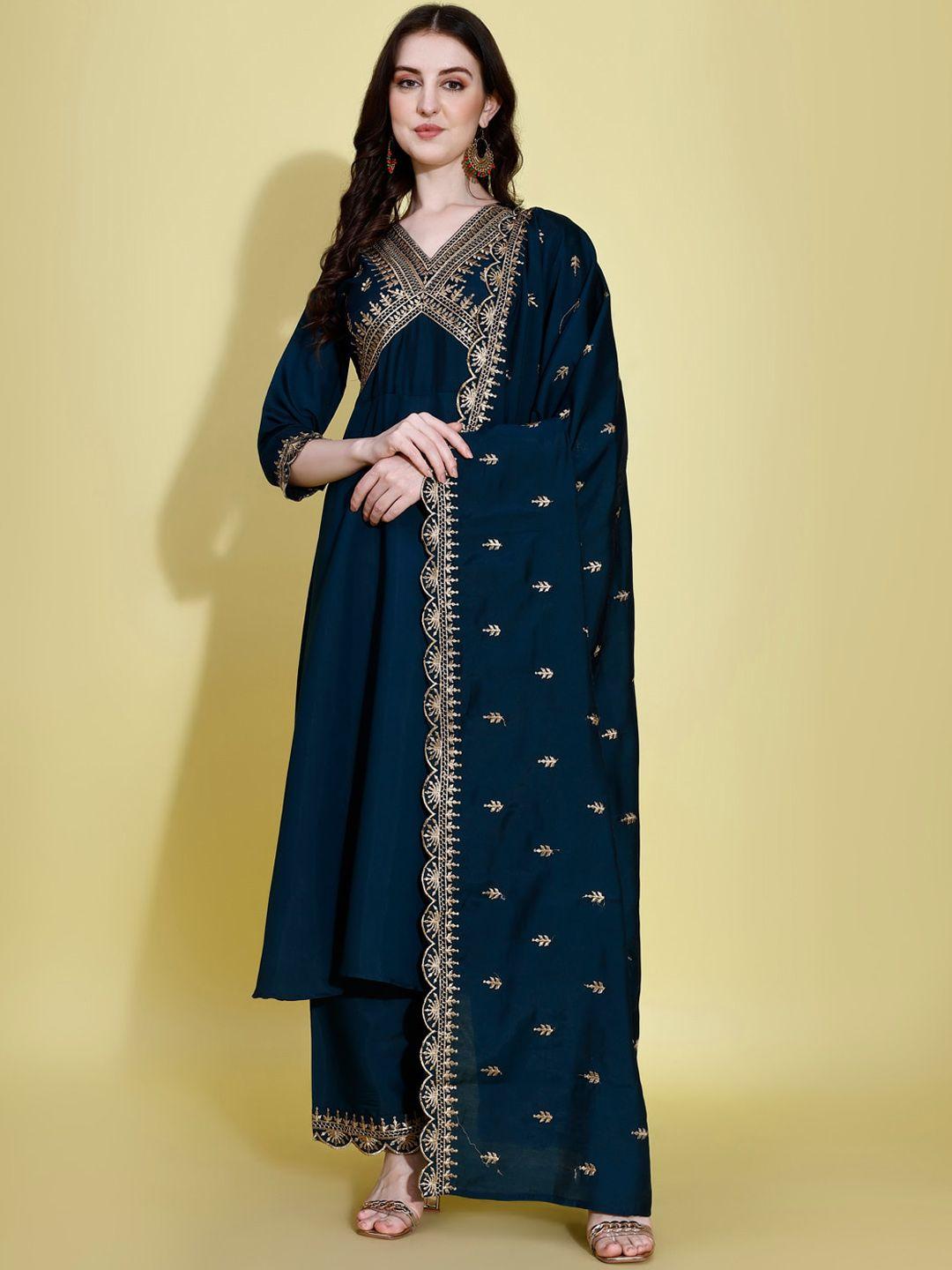 kalini ethnic motifs embroidered v-neck empire a-line kurta with palazzos & dupatta