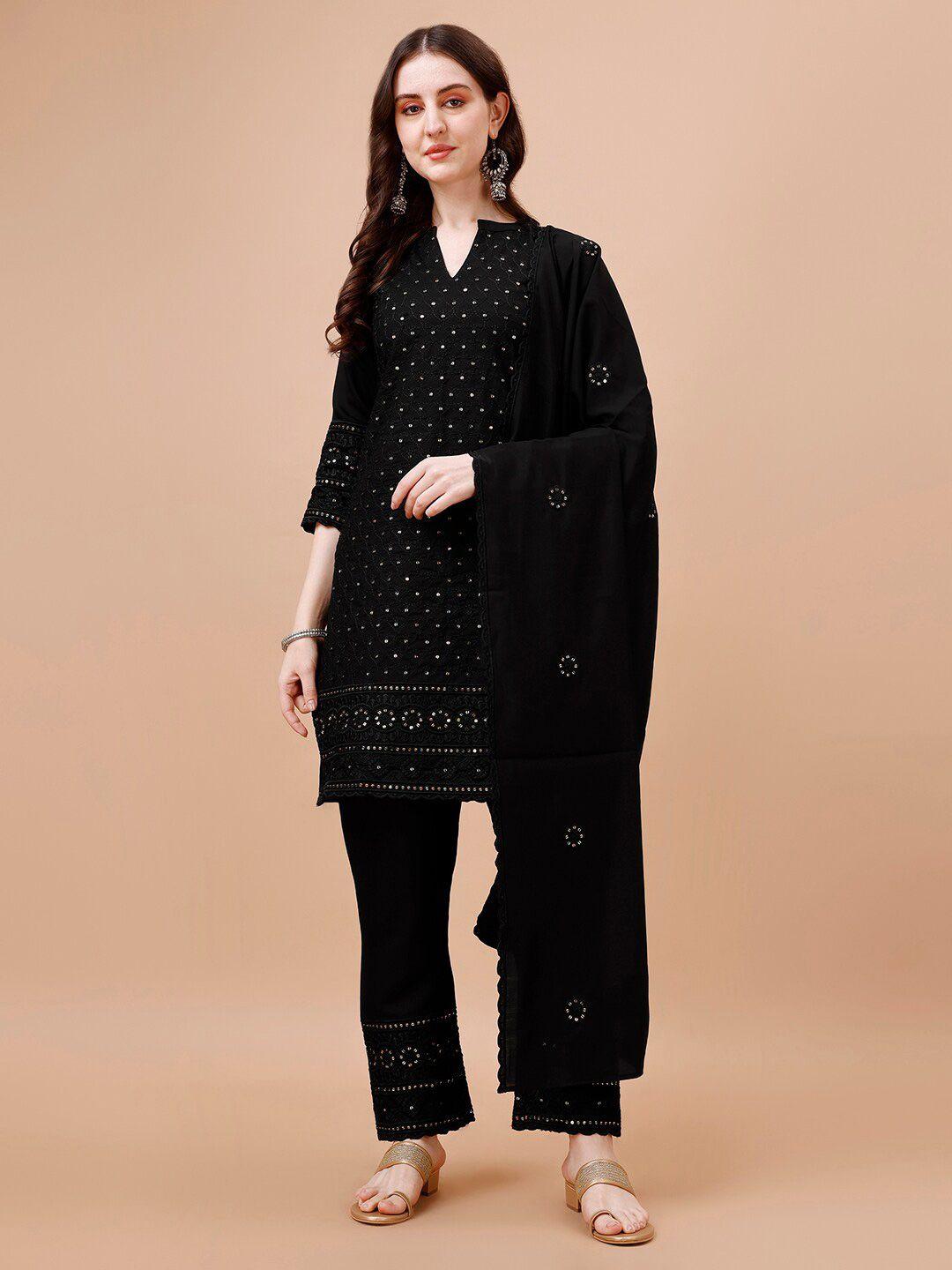 kalini ethnic motifs embroidered v-neck straight kurta with palazzos & dupatta