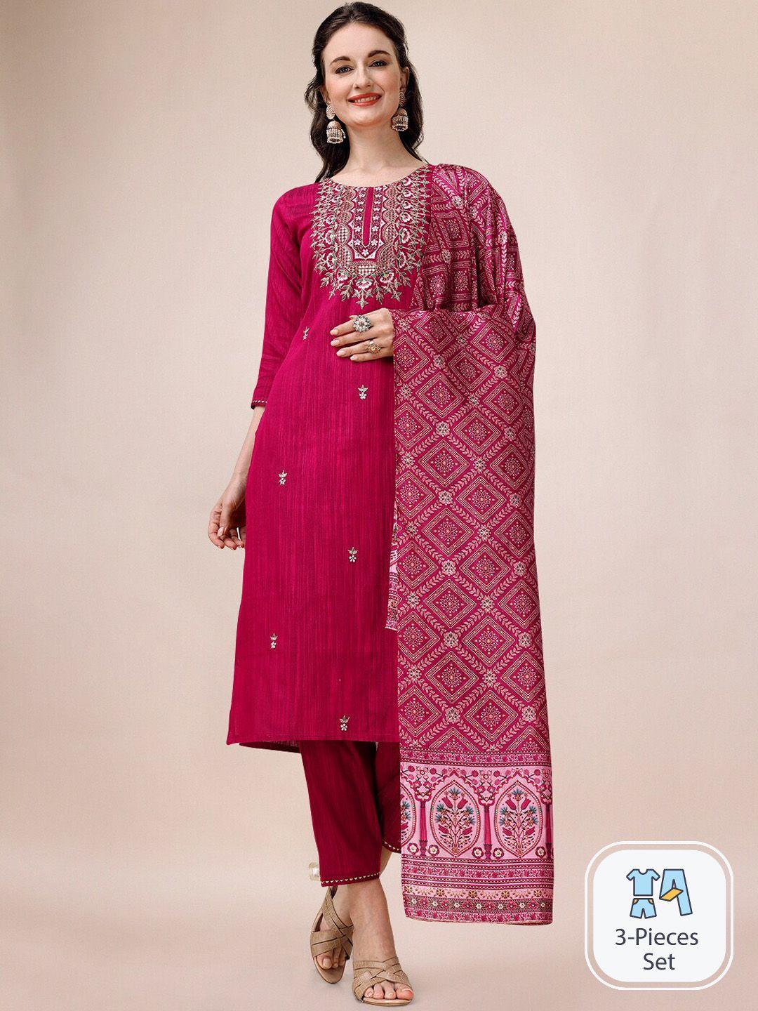 kalini ethnic motifs embroidered zari chanderi cotton kurta with trousers & dupatta