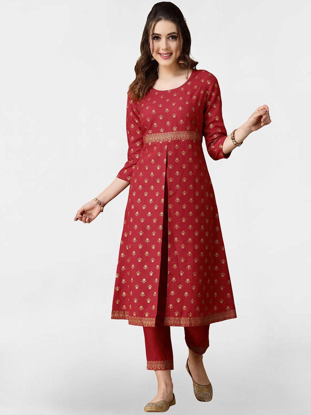 kalini ethnic motifs foil printed a-line high slit kurta with trousers