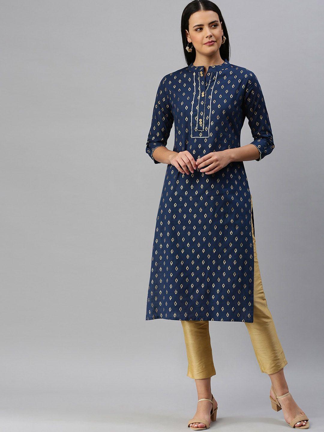 kalini ethnic motifs foil printed mandarin collar gotta patti cotton kurta