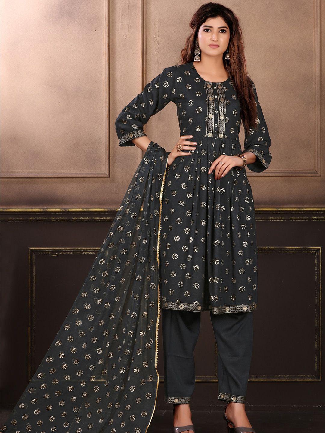 kalini ethnic motifs foil printed round neck pleated a-line kurta & trousers with dupatta