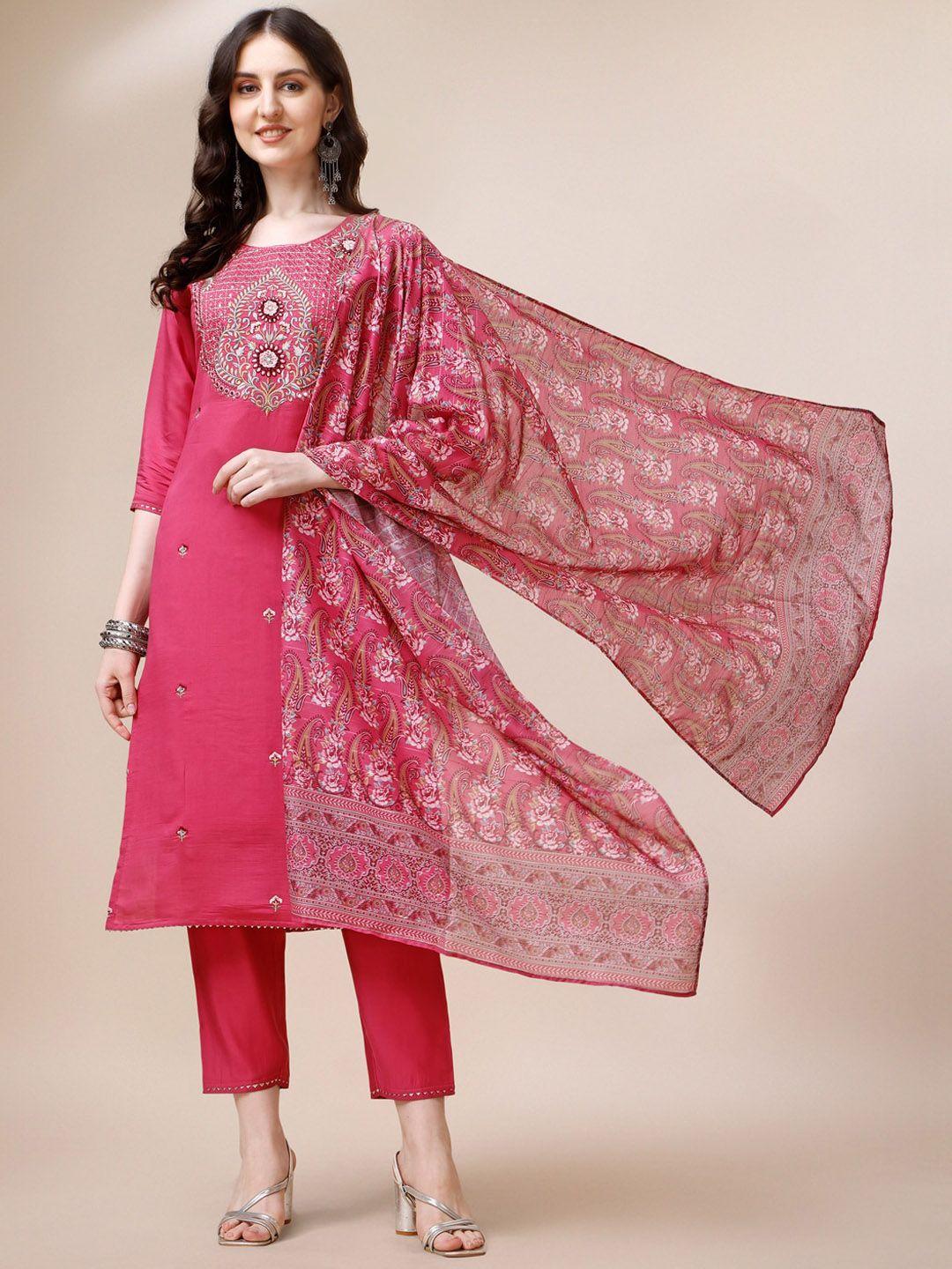 kalini ethnic motifs mirror work embroidered chanderi cotton kurta with trousers & dupatta