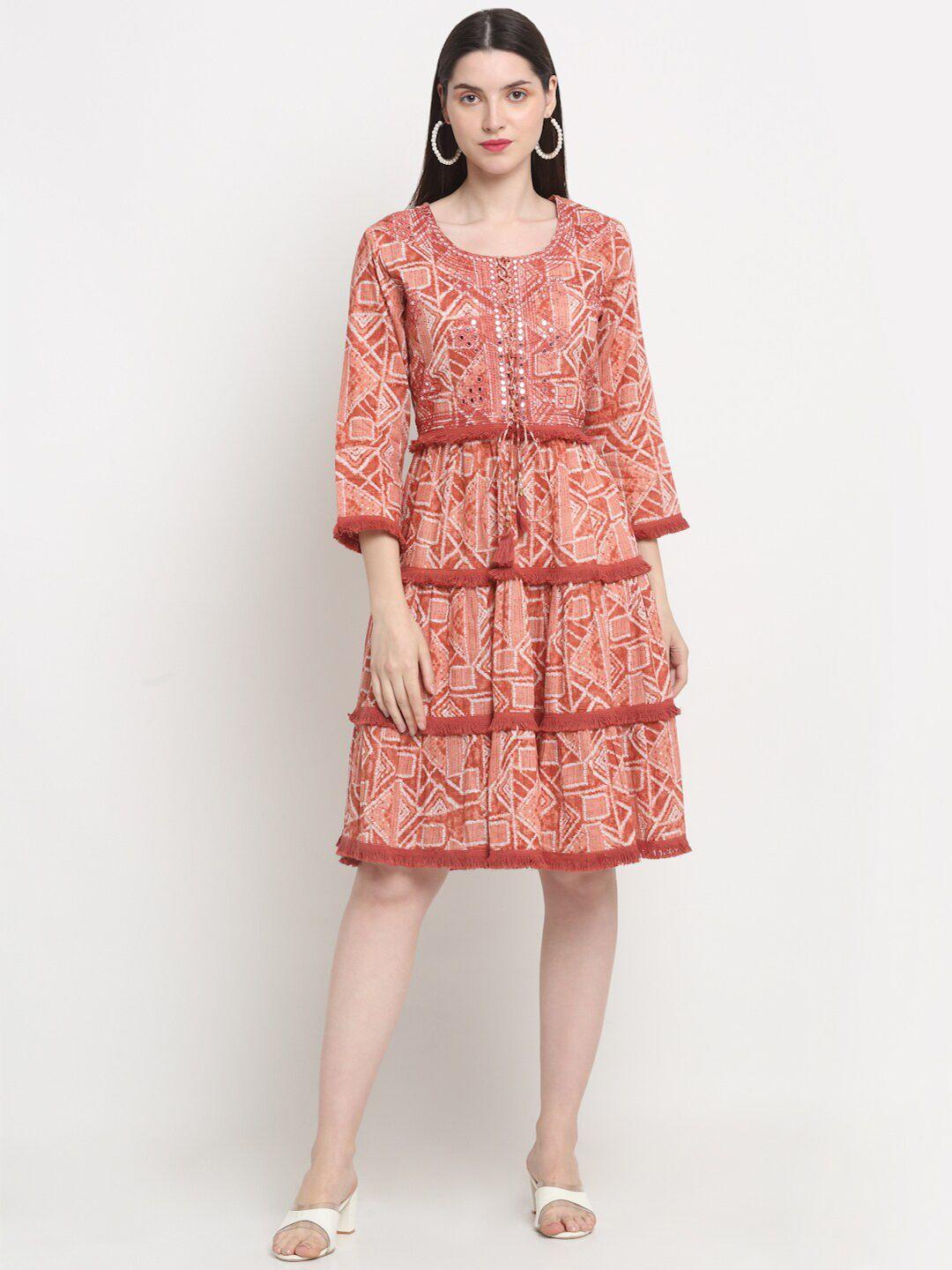 kalini ethnic motifs print cotton fit & flare dress with mirror embellished
