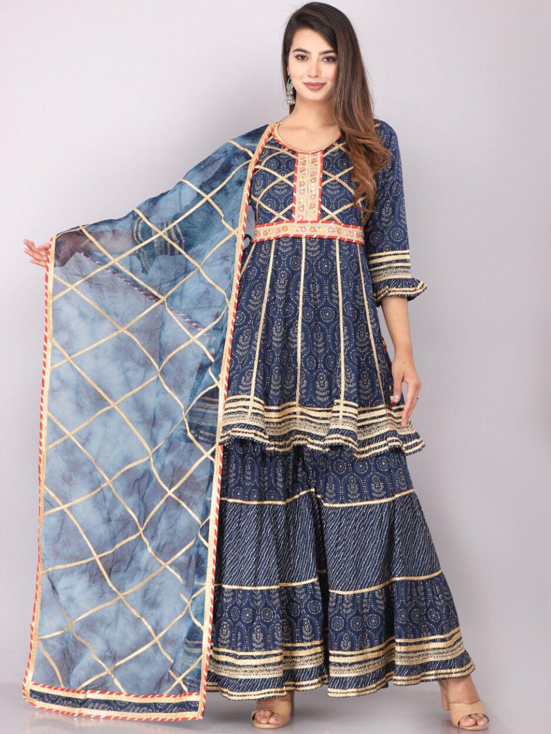 kalini ethnic motifs printed a-line gotta patti kurta with sharara & dupatta