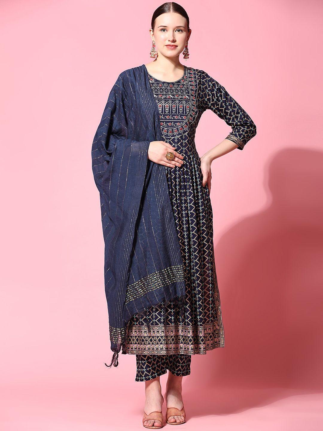 kalini ethnic motifs printed anarkali kurta with trousers & with dupatta