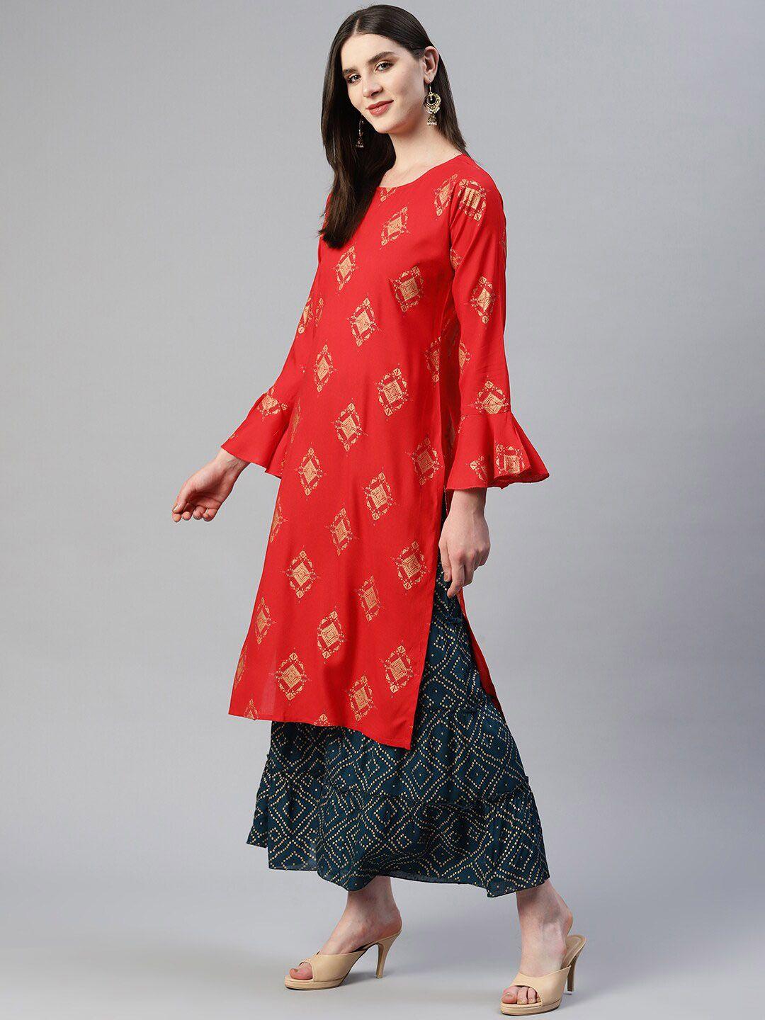 kalini ethnic motifs printed bell sleeves kurta with sharara & dupatta