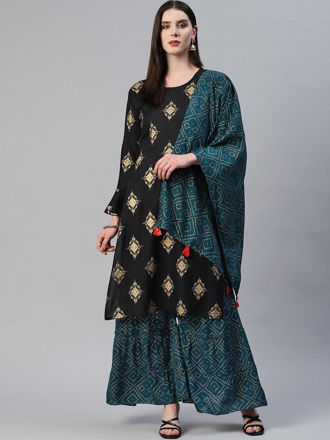 kalini ethnic motifs printed bell sleeves kurta with sharara & dupatta