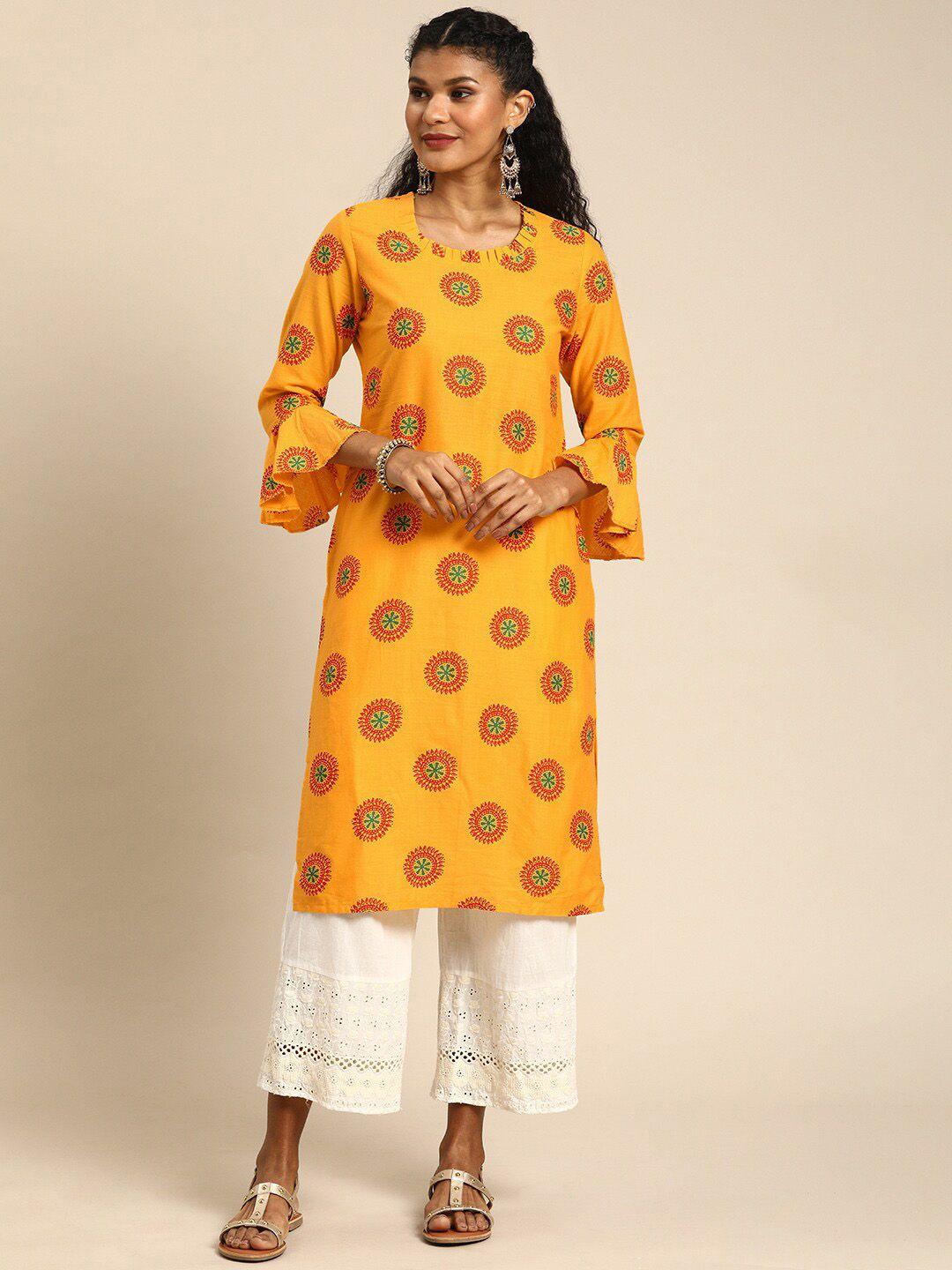 kalini ethnic motifs printed bell sleeves regular pure cotton kurta