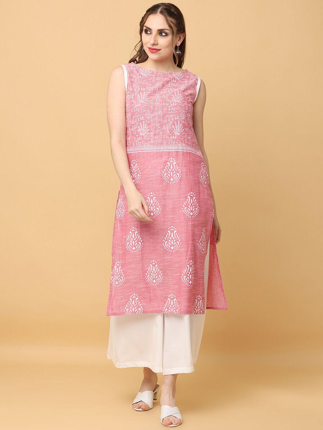 kalini ethnic motifs printed boat neck cotton straight kurta