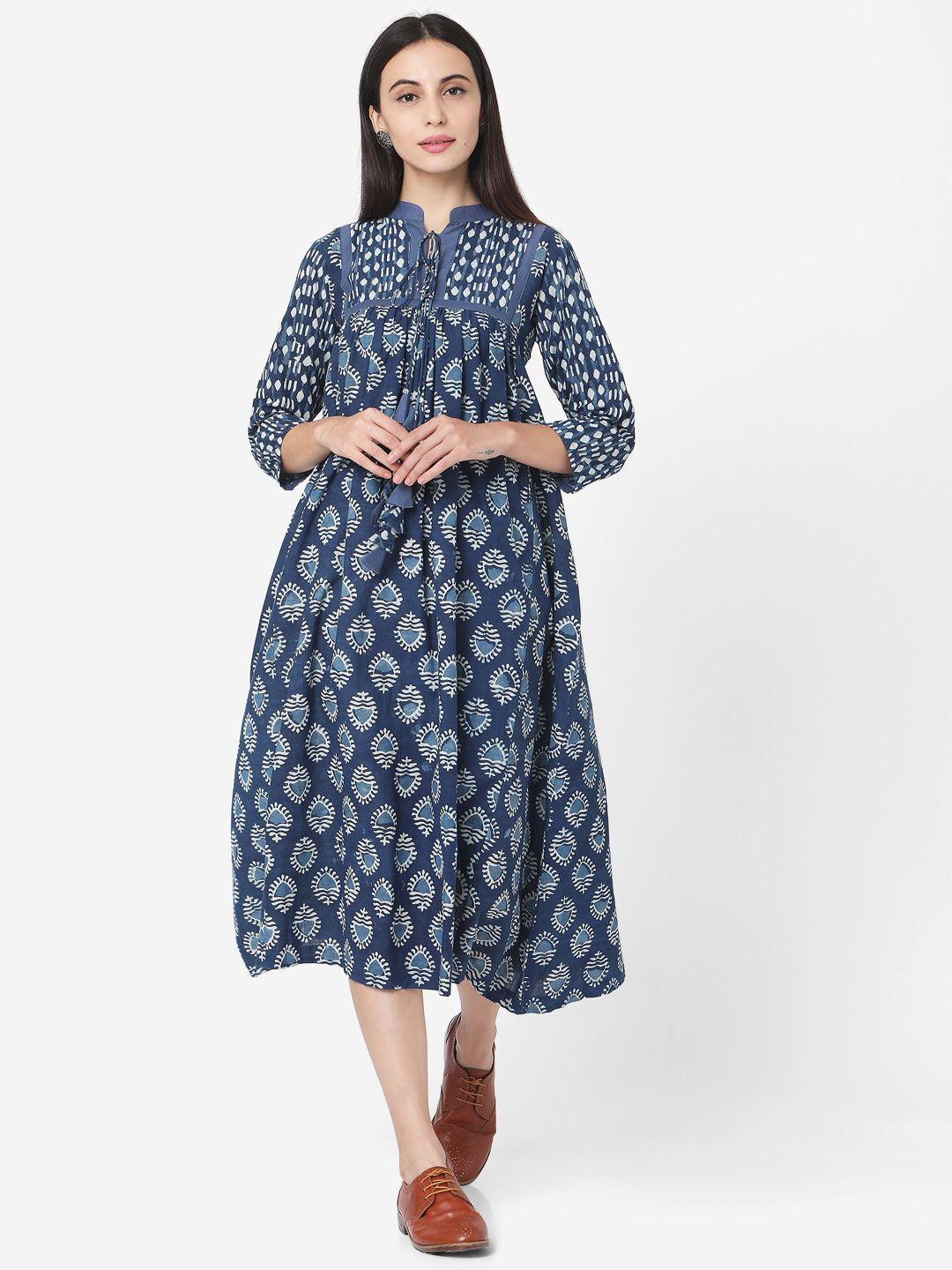 kalini ethnic motifs printed cotton tie-up neck a-line midi dress