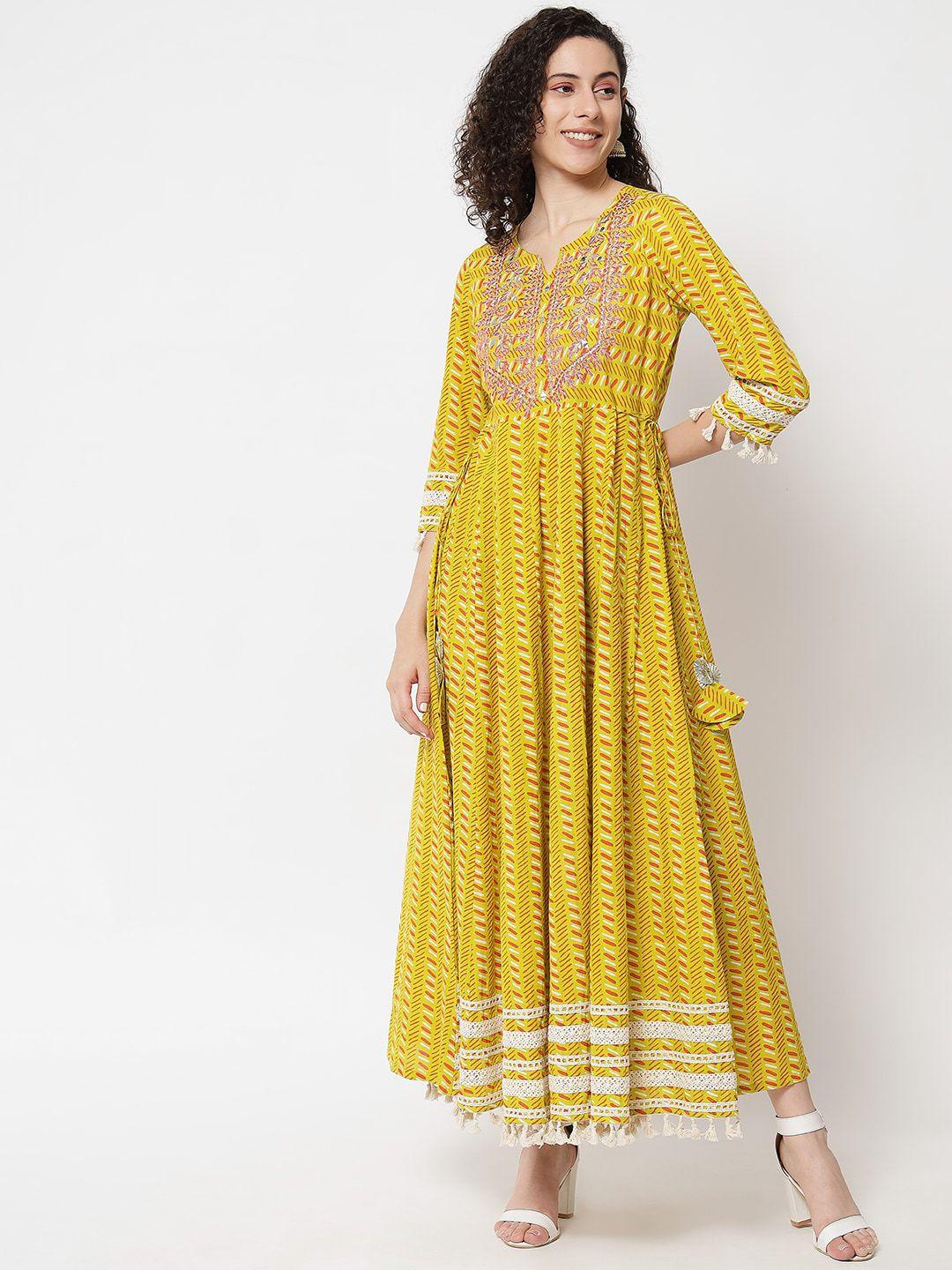 kalini ethnic motifs printed embroidered cotton fit & flare maxi ethnic dress