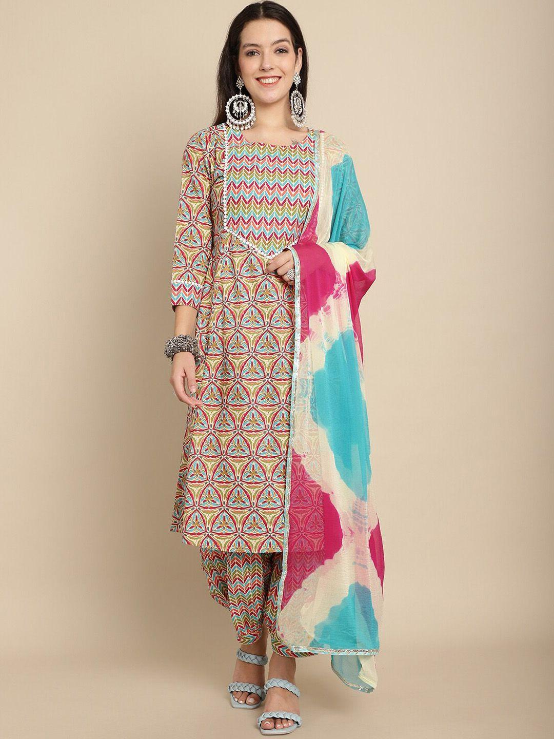 kalini ethnic motifs printed empire pure cotton kurta with salwar & with dupatta