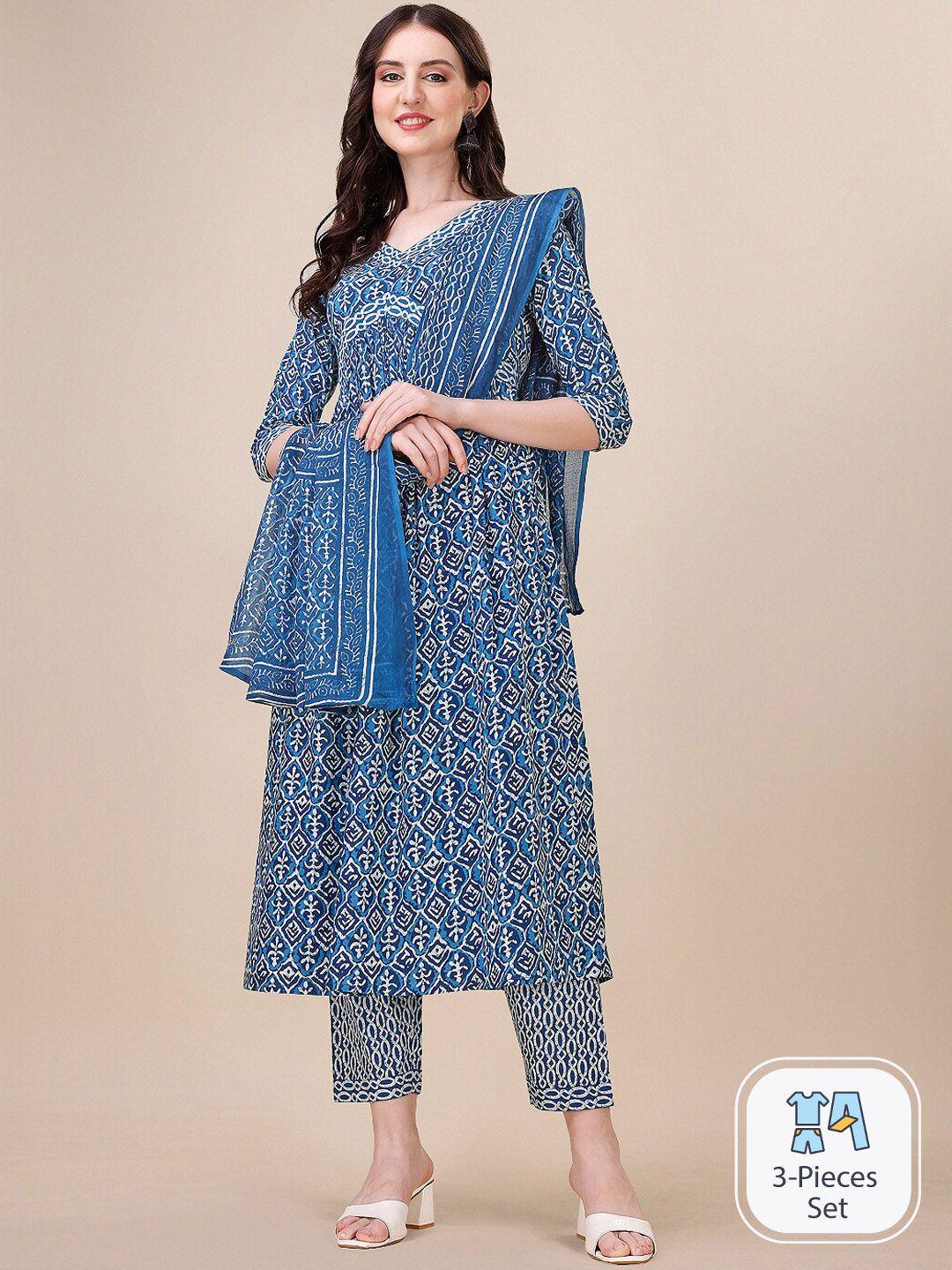kalini ethnic motifs printed empire pure cotton kurta with trousers & dupatta