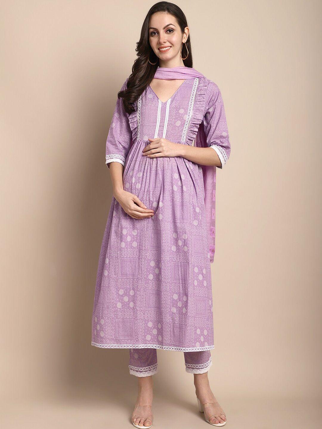 kalini ethnic motifs printed empire pure cotton maternity kurta with trousers & dupatta