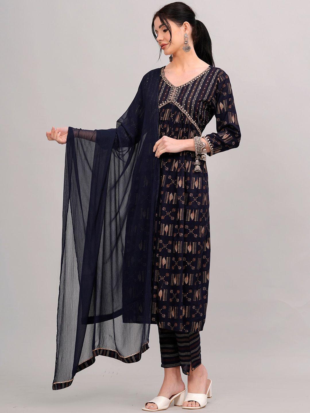 kalini ethnic motifs printed empire sequined kurta with trousers & dupatta