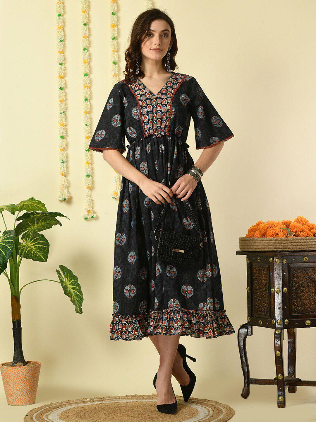 kalini ethnic motifs printed flared sleeves cotton fit and flare midi dress