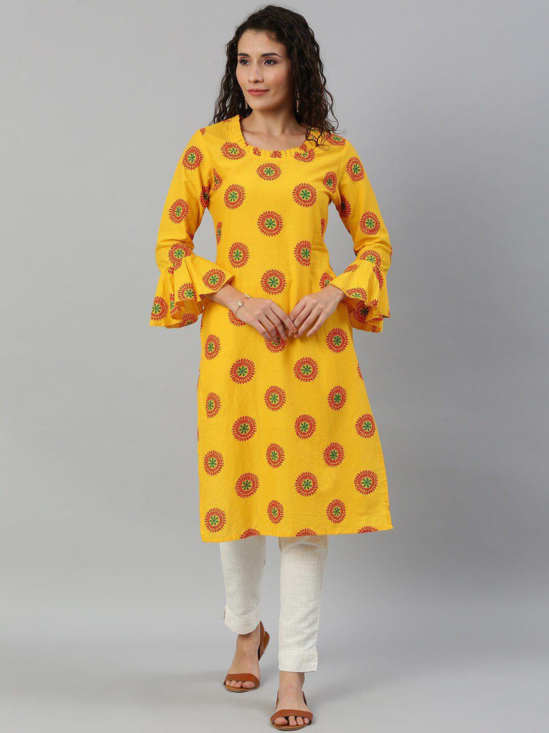 kalini ethnic motifs printed flared sleeves cotton straight kurta