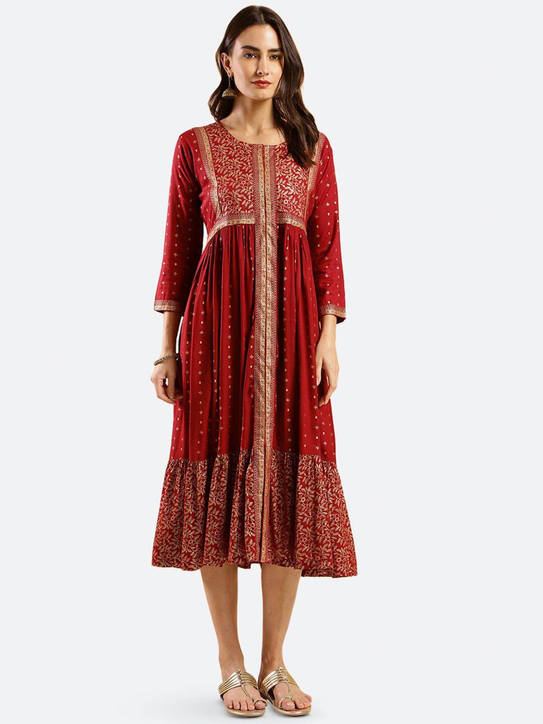 kalini ethnic motifs printed gathered cotton a-line ethnic dress